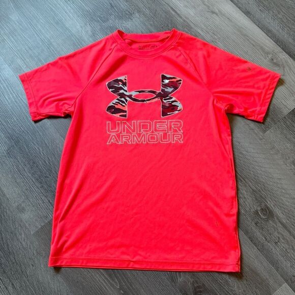 Under Armour Neon Orange Camo Shirt Youth Medium Loose Fit - Picture 1 of 9